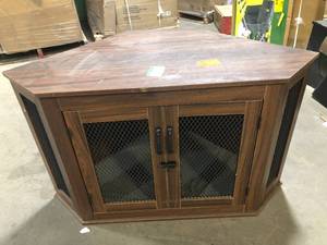 Walnut Wood & Metal 44.5 in. W Storage Cabinet Corner Table With Dog Crate Cage Latch Customer Returns See Pictures