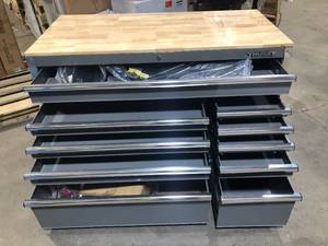 Husky 52 in. W x 24.5 in. D Standard Duty 10-Drawer Mobile Workbench Tool Chest with Solid Wood Top in Gloss Gray  Customer Returns See Pictures