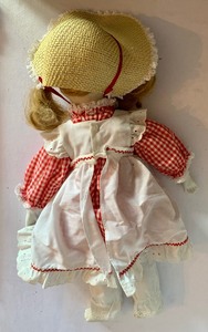 lot 148 image: Porcelain Doll with Red and White Check Dress and Bonnet