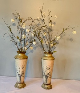 lot 351 image: Pair of Faux Flowers in Cream Metal Vases