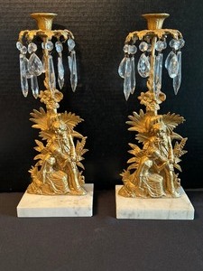 lot 6 image: Pair of Beautiful Vintage Brass and Prism Candle Holders