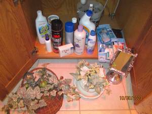 Assortment of bathroom supplies and...