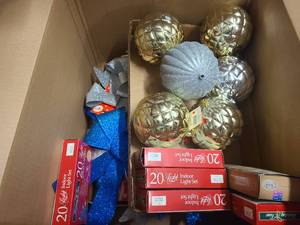 Collection of holiday decor, lights and bulbs