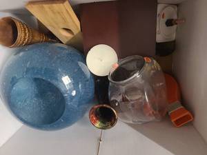 Tote of Household glassware decor items