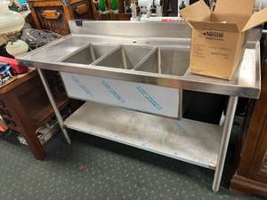 lot 62 image: New NSF Triple Sink with Shelf, Faucet & Strainers