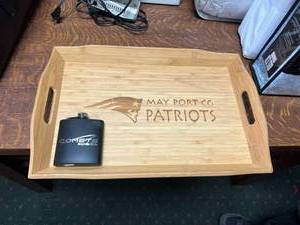 lot 73 image: New MPCG Patriots Wood Tray & Mayville State Comets Flask