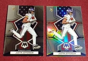 lot 159 image: (2) Mosaic National Pride Justin Jefferson Cards - Base & Silver Prizm
