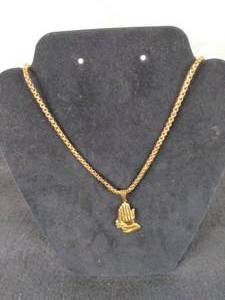 NEW 18K Gold Over Stainless Steel Praying Hands Pendant Necklace