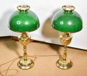 lot 84 image: Pair of Electric Hurricane Lamps with Green Metal Shades
