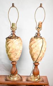 lot 91 image: Pair of Beige Ceramic Table Lamps with Wood Base