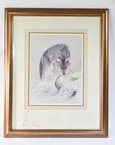 lot 322 image: Wolf in Snow Lithograph Signed Charlie Johnston