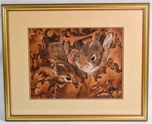 lot 324 image: Rabbits and Fall Leaves Print Signed Juliet Alvarado
