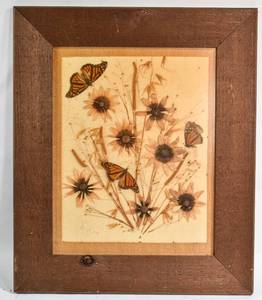 lot 334 image: Dried & Pressed Monarchs & Flowers Framed Artwork Signed Kit 1979