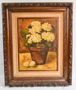 lot 335 image: Still Life Oil Painting of Yellow Flowers Signed Warren