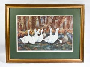 lot 338 image: Februarys March Framed Goose Lithograph Signed Connie Bieber