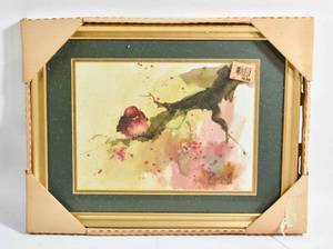 lot 107 image: X Lin Framed Watercolor Print of Bird on Branch