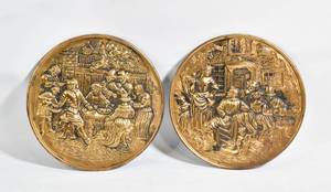 lot 105 image: Two Vintage Brass Relief Wall Plates with Gathering Scenes