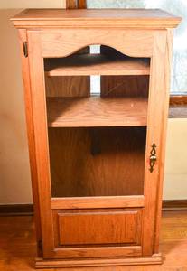 lot 32 image: 2 Shelf Wood Media Cabinet with Glass Door