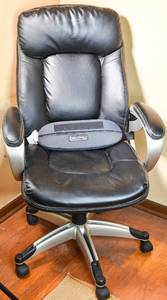 lot 43 image: Black Leather Swivel Desk Chair and Superroll Back Cushion