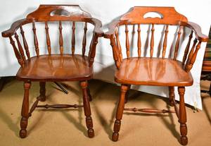lot 76 image: Pair of Colonial Style Wooden Captains Chairs