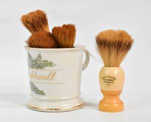 lot 157 image: Vintage Personalized White Porcelain Shaving Mug with Brushes