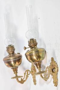 lot 141 image: Pair of Vintage Hitchcock Lamp Lovell & Co Kerosene Wall Sconces