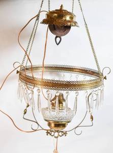 lot 142 image: No.2 Queen Anne Brass and Prism Chandelier with Painted Milk Glass Shade