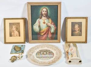 lot 145 image: Eight Pieces of Religious Decor Including Framed Art and Statues