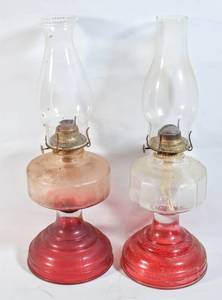 lot 175 image: 2 Cranberry Glass Hurricane Lamps