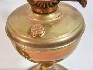 lot 196 image: Pair of Lovell & Co. Brass Finished Hitchcock Hurricane Lamps