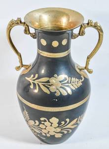 lot 183 image: Black Brass Vase with Floral Decoration