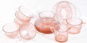 lot 245 image: Blush Pink Depression Glass 14 Piece Tea Set