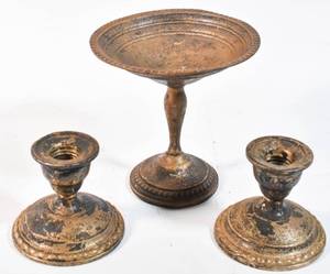 lot 23 image: Pair of La Pierre Weighted Reinforced Silver Candlestick Holders and Revere Silversmiths Compote Dish, As Is