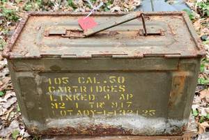 lot 597 image: Green Metal Artcraft Ammunitions .50 Cal Cartridges Box (Likely 40s)