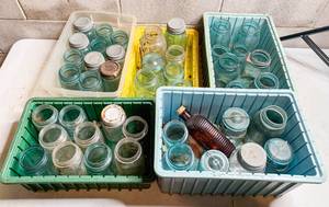 lot 711 image: 5 Bins of Small and Medium Glass Jars