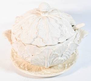 lot 228 image: 1978 Whittier Pottery White Cabbage Soup Tureen with Undertray and Ladle