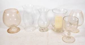 lot 409 image: 6 Large Clear Glass Vases, Candleholder, & Votive