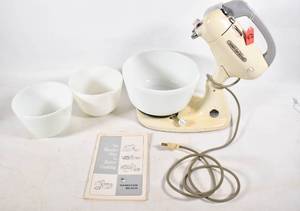 lot 472 image: Vintage Hamilton Beach Model G Stand Mixer with Milk Glass Bowls