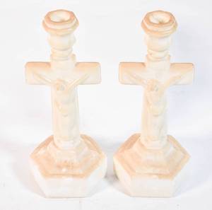 lot 14 image: Milk Glass Jesus on the Cross Candle Holders