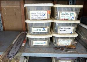 lot 640 image: 6 Bins Misc. Hand Tools - Screwdrivers, Pliers, Utility Blades, etc.