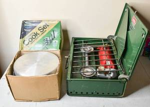 lot 811 image: Vintage Coleman Camp Stove and Seaway Aluminum Cookset