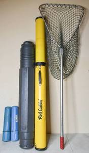 lot 791 image: Group 4 Hard Plastic Fishing Rod Cases and Landing Net