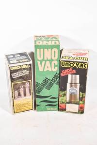 lot 466 image: 3 Uno Vac Vintage Stainless Steel Double Walled Vacuum Bottles