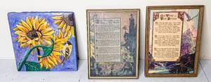 lot 847 image: Two Framed Illustrated Poems and a Painted Sunflower Art Tile