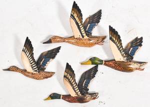 lot 193 image: 4 Hand Painted Carved Wooden Mallard Ducks