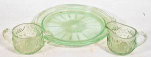 lot 163 image: Uranium Glass Creamer, Sugar Bowl, and Plate