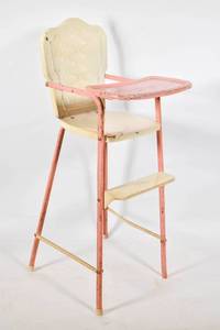 lot 302 image: Vintage Pink & White Metal Doll High Chair