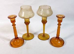 lot 368 image: 2 Pairs of Amber Glass Candlestick Holders
