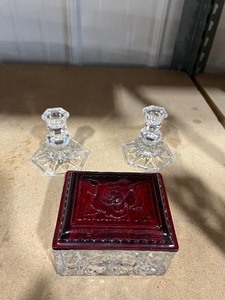 lot 32 image: Candle Holders and  dish with lid