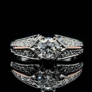 1.10 Carat Diamond Round Brilliant Cut Solitaire & Pave Knife Edge Bridal Engagement Ring in 14k Two-Tone White & Rose Gold $5,750 Retail VIDEO